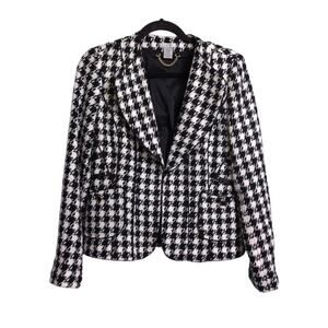 Cache Black White Houndstooth Metallic Collared Tailored Blazer Jacket 6